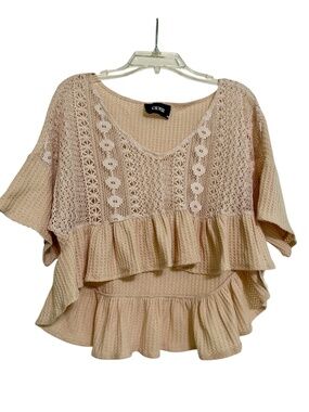 White Crop Top Short Gathered Sleeves Scoop TIe Back Cider XSmall